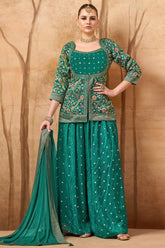 Pine Green Chinon Georgette Floral Woven Palazzo Suit - green georgette saree