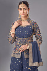 Grey Chinon Georgette Floral Woven Palazzo Suit
