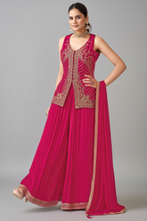 Pink Art Silk Woven Palazzo Suit with Sequin Cutdana Work - pink silk saree