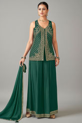 Bottle Green Art Silk Woven Palazzo Suit with Sequin Cutdana Work - green silk saree