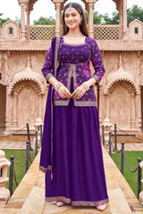Purple Printed Slit Cut Palazzo Suit