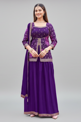 Purple Printed Slit Cut Palazzo Suit