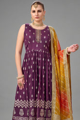 Wine Purple Chinon Woven Anarkali Palazzo Suit - purple saree