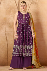 Wine Purple Chinon Woven Anarkali Palazzo Suit