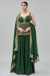 Green Chinon Art Silk Woven Palazzo Suit - green silk saree