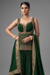 Green Chinon Art Silk Woven Palazzo Suit - green silk saree