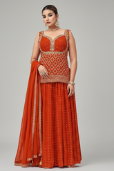 Orange Chinon Art Silk Woven Palazzo Suit - orange silk saree