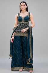 Blue Chinon Art Silk Woven Palazzo Suit