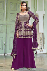 Wine Purple Art Silk Sequin Embroidered Peplum Style Palazzo Suit - red silk saree embroidered