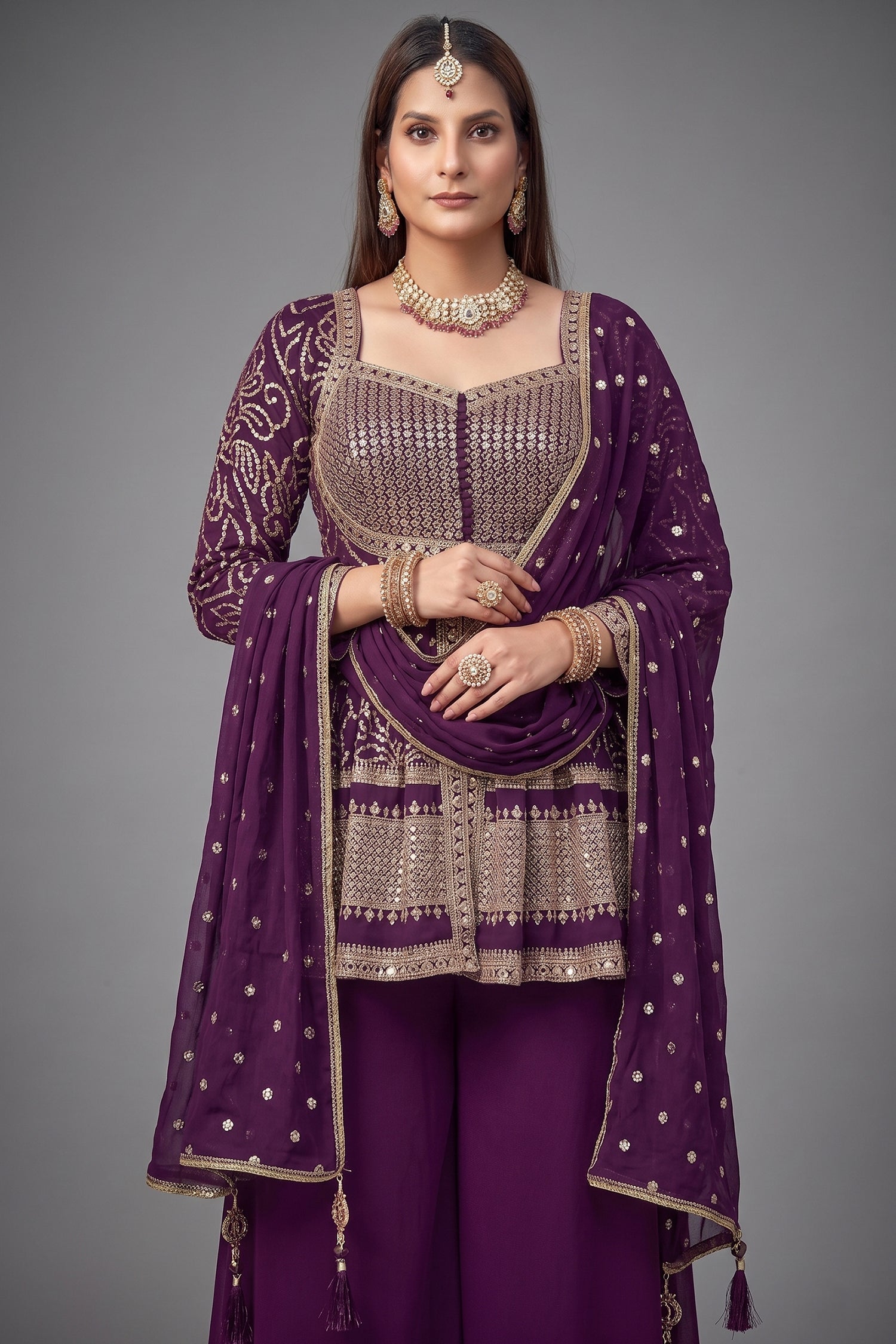 Wine Purple Art Silk Sequin Embroidered Peplum Style Palazzo Suit - red silk saree embroidered