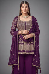 Wine Purple Art Silk Sequin Embroidered Peplum Style Palazzo Suit - red silk saree embroidered