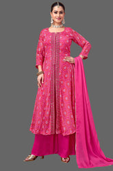 Pink Georgette Bandhej Printed Slit Cut Palazzo Suit