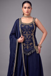 Navy Blue Art Silk Woven Palazzo Suit - blue silk saree