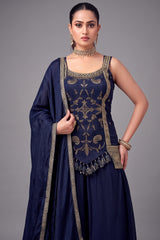 Navy Blue Art Silk Woven Palazzo Suit - blue silk saree