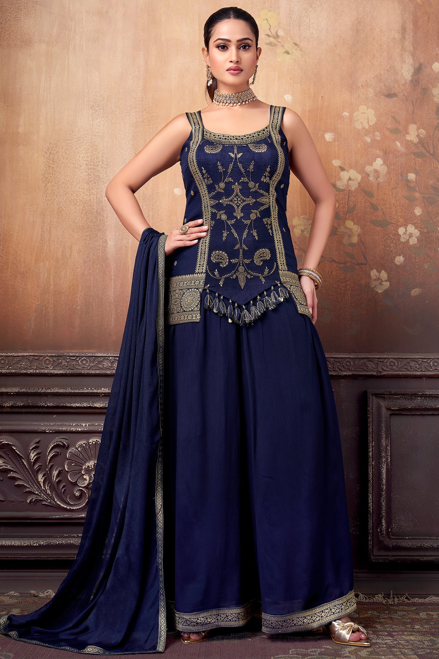 Navy Blue Art Silk Woven Palazzo Suit - blue silk saree