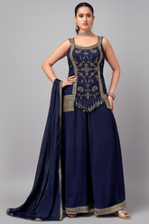 Navy Blue Art Silk Woven Palazzo Suit - blue silk saree