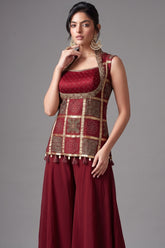 Maroon Gaji Silk Ajrakh Printed Palazzo Suit - maroon silk saree
