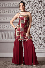 Maroon Gaji Silk Ajrakh Printed Straight Cut Palazzo Suit with Tassles