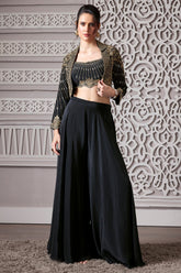 Black Crepe Satin Silk Palazzo Set with Mirror Adorned Jacket - black silk saree