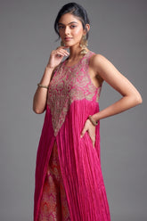 Fuchsia Pink Chiffon Chinon Slit Cut Top and Palazzo Set with Embroidery - pink chiffon saree embroidery