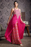 Fuchsia Pink Chiffon Chinon Slit Cut Top and Palazzo Set with Embroidery - pink chiffon saree embroidery