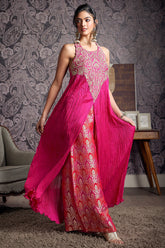 Fuchsia Pink Chiffon Chinon Slit Cut Top and Palazzo Set with Embroidery - pink chiffon saree embroidery
