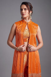 Orange Brocade Woven Crop Top Pant Set with Sequin Cutdana Work Jacket - orange brocade saree