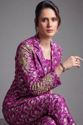 Amethyst Purple Brocade Silk Floral Woven Jaal Blazer Set with Sequins and Cutdana - purple silk saree