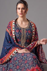 Blue Silk Patola Anarkali Suit with Sequins Work - blue silk saree patola