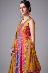 Multi Colored Silk Bandhej Printed Anrakli Suit - red silk saree bandhej