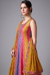 Multi Colored Silk Bandhej Printed Anrakli Suit