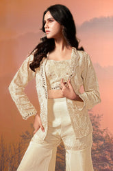 Cream Chinon Crop Top Sharara Set with Beaded Embroidered Blazer - red saree embroidered