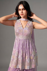 Lilac Purple Tissue Silk Sequin Cutdana Worked Palazzo Suit - purple silk saree