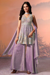 Lilac Purple Tissue Silk Sequin Cutdana Worked Palazzo Suit - purple silk saree