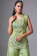 Green Tissue Silk Sequin Beaded Palazzo Set - green silk saree