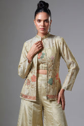 Cream Tissue Silk Sequin Beaded Worked Crop Top Palazzo Set - cream silk saree