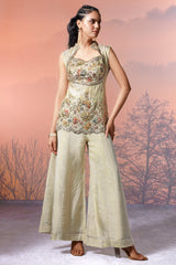 Cream Tissue Silk Sequins Cutdana Work Palazzo Suit - cream silk saree