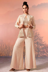 Cream Chinon Sequin Embroidered Crop Top Palazzo Set with Jacket