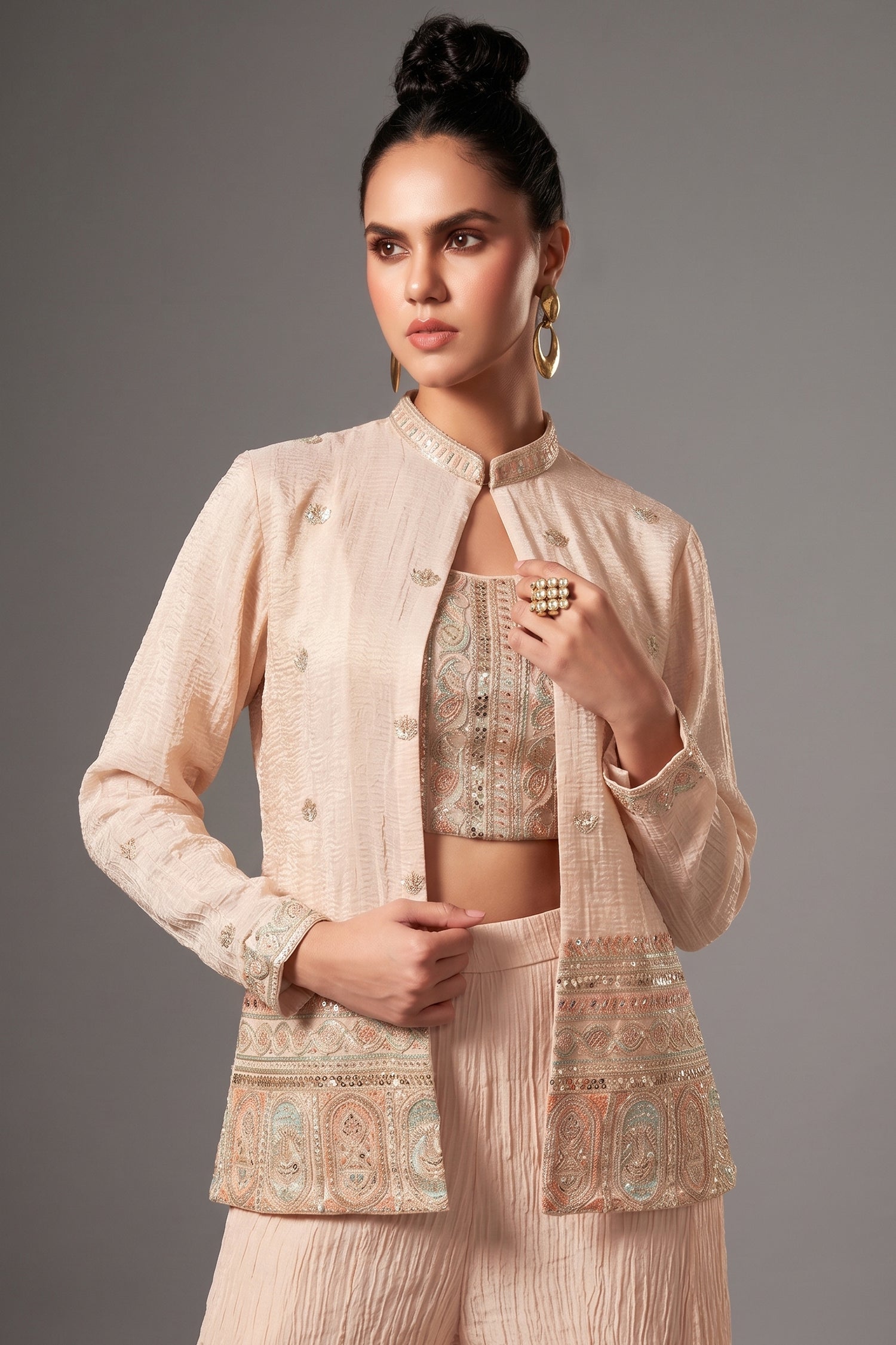 Cream Chinon Sequin Embroidered Crop Top Palazzo Set with Jacket - red saree embroidered