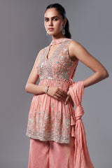Peach Tissue Silk Cutdana worked Palazzo Suit - peach silk saree