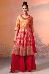 Yellow and Red Georgette Bandhej Woven Palazzo Suit - red georgette saree bandhej
