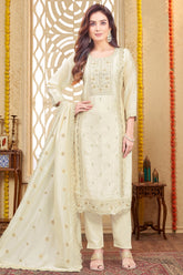 Cream Art Silk Sequins Embroidered Straight Cut Suit - red silk saree embroidered
