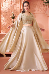 Champagne Beige Glass Tissue Sequin Beaded Crop Top Skirt Set with Jacket