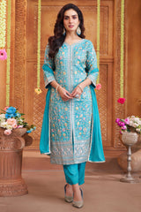 Sky Blue Art Silk Floral Embroidered and Sequin Worked Straight Cut Suit