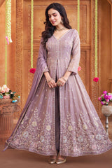Lilac Purple Tissue Chinon Silk Beaded and Cutdana Worked Slit Cut Suit
