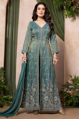 Teal Green Tissue Chinon Silk Beaded and Cutdana Worked Slit Cut Suit