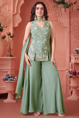 Light Pista Green Chinon Floral Sequin and Beaded Worked Palazzo Suit
