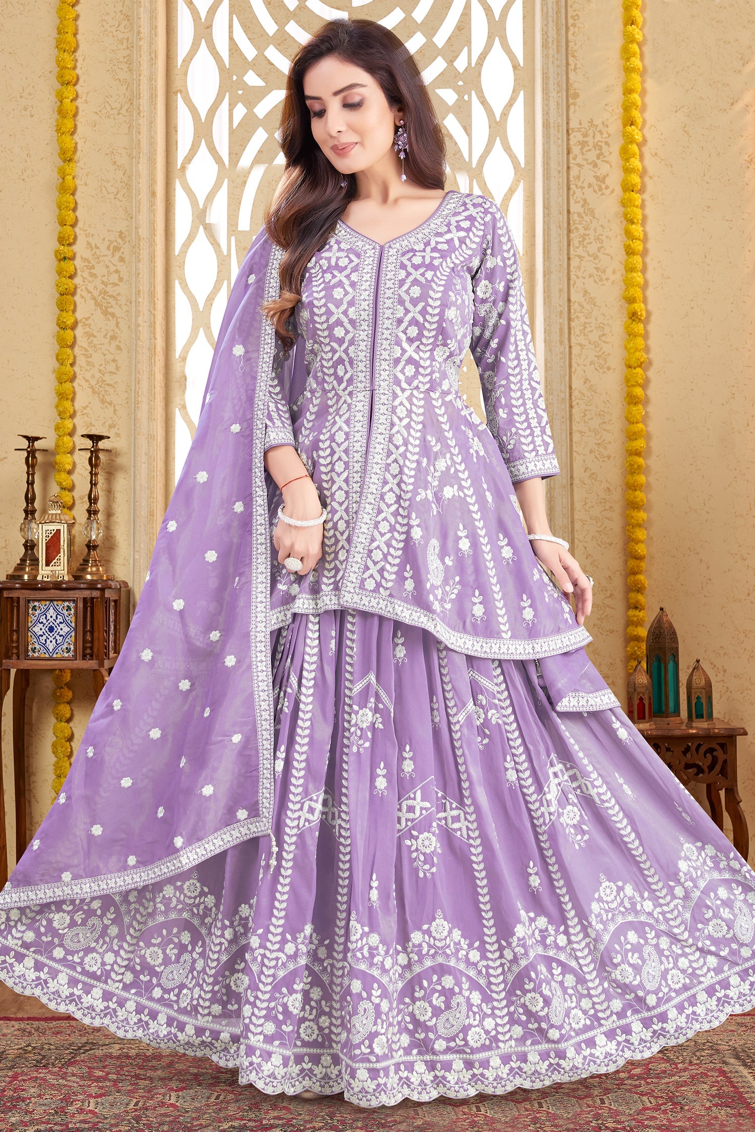 Lavender Purple Oraganza Tissue Embroidered Peplum Lehenga Suit - red saree embroidered