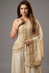 Off White Georgette Embroidered Palazzo Suit