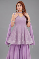 Lilac Purple Georgette Embroidered Peplum Sharara Suit - red georgette saree embroidered